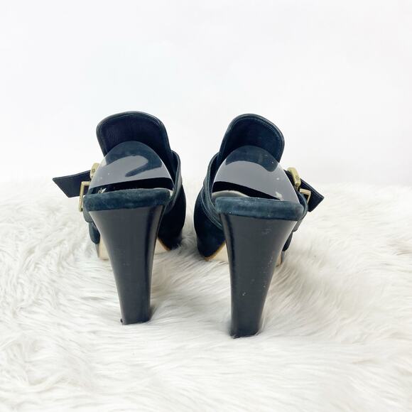 Ugg 8.5 Womens Black Suede Leather Karlee Slide Mule Stack Heels Peep Toe Buckle - Picture 4 of 12